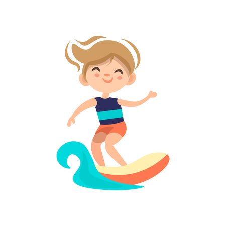 Kid surfing around blue ocean wave, cartoon vector illustration, isolated on white background. Little boy on surf board, summer vacation kids surfing. Boy surfing in ocean waves.のイラスト素材