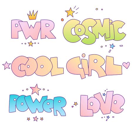 Cute cartoon motivational quotes and lettering for little princess and bad brave girl. Power, cosmic, cool girl and love words isolated on white background with star and crown, Girl power concept letteringのイラスト素材