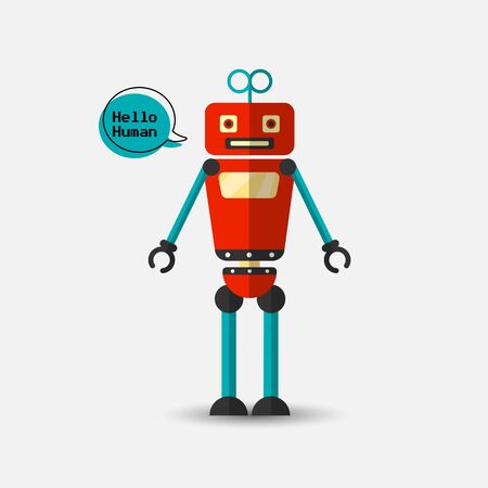 Retro vintage funny vector robot icon in flat style isolated on grey background. Vector vintage illustration of flat Chatbot icon. Customer support service chat bot. Cute cartoon retro robot iconのイラスト素材