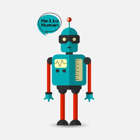Retro vintage funny vector robot icon in flat style isolated on grey background. Vector vintage illustration of flat Chatbot icon. Customer support service chat bot. Cute cartoon retro robot iconのイラスト素材