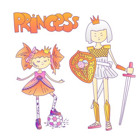 Bad girl cute cartoon illustration. Bad girl and princess warrior, feminist cartoon concept illustration. Bad tomboy girl with soccer ball, princess warrior in armour, sword and shield. Brave girlのイラスト素材
