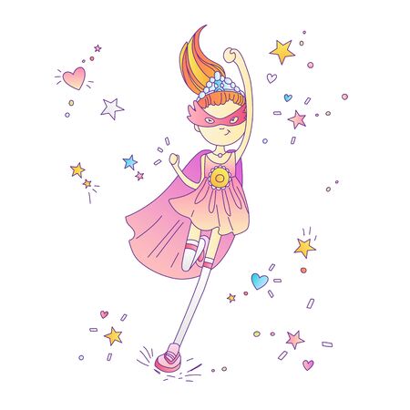 Superhero princess, little teen girl as a superhero vector cartoon illustration with gradients. Super hero girl running and fighting, brave princess, cute cartoon feminism concept about girls. Sticker styleのイラスト素材