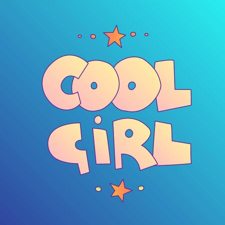 Cool girl lettering with gradient colors. Cool Girl words, cartoon cute style with decorative elements isolated on blue gradientのイラスト素材