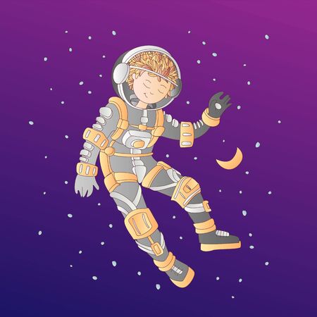 Cute cartoon asrtonaut girl floating in space vector illustration. Girl in space helmet among stars, in deep cosmos. Cartoon astronaut girl in space suit. Cartoon sketch cosmonaut girl vector illustrationのイラスト素材