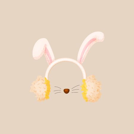 Christmas props booth mask collection. Cute lop-eared hare ears on headband with bunny nose and mustashe. Photo booth elements for christmas party, selebration. Cute hare ears and fluffy ear muffs.のイラスト素材