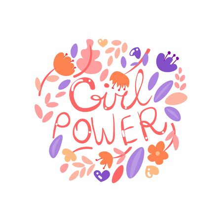 Feminist girl power lettering with floral elements, flowers and leaves, circle form isolated on white, pastel colors. Feminist cute cartoon girl power hand draw letteringのイラスト素材