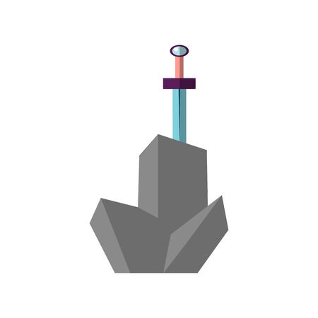 Excalibur vector flat illustration. Icon of sword, stucked in grey stone. Iconic scene from the Medieval European stories about King Arthur.のイラスト素材