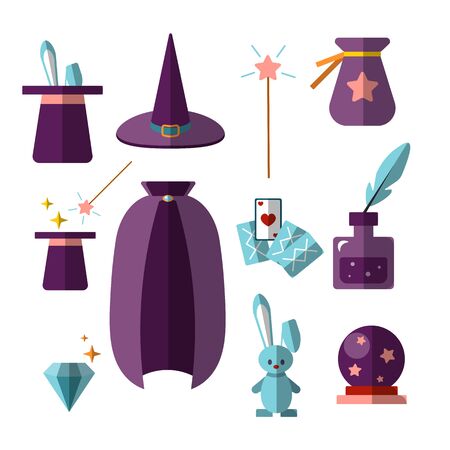 magician illusionist vector flat set with fabulous items - magic hat, rabbit, wand, cards, cristal ball and other magical elements for halloween, illusionist partyのイラスト素材