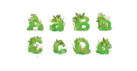 Green Leaves font. Vector illustration. Stylish eco alphabet from colorful tropical leaves, bushes, flowers and nature elements. Egology and natural font, summer and tropical letters isolated on whiteのイラスト素材