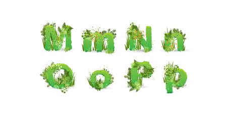 Green Leaves font. Vector illustration. Stylish eco alphabet from colorful tropical leaves, bushes, flowers and nature elements. Egology and natural font, summer and tropical letters isolated on whiteのイラスト素材