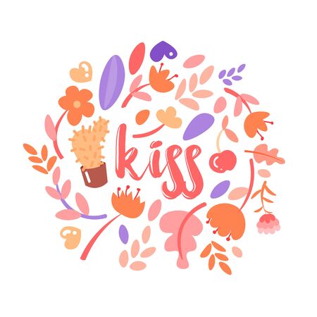 Feminist and cute girl power illustration set with lettering Kiss. Flowers, stickers, sweets with floral decoration around Kiss word. Cute cartoon feministic girl power collectionのイラスト素材