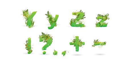 Green Leaves font. Vector illustration. Stylish eco alphabet from colorful tropical leaves, bushes, flowers and nature elements. Egology and natural font, summer and tropical letters isolated on whiteのイラスト素材