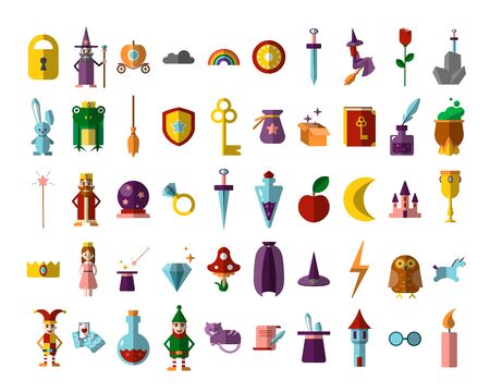 Flat vector set of fabulous magical halloween items. Book, magic ball, wizard hat, bottles with elixirs, castle, cauldrons, personages and animals. Gaming resourcesのイラスト素材