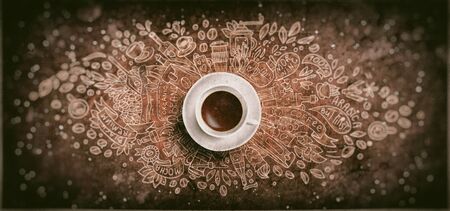 Coffee chalk illustrated concept on black board background - white coffee cup, top view with chalk doodle illustration about coffee, beans, morning, espresso in cafe, breakfast. Morning coffee illustration. Hand draw chalk concept, coffee themeの写真素材