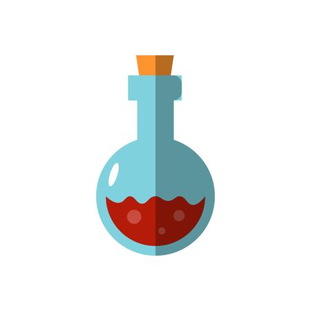 Vector flat magic bottle illustration. Potion bottle icon of witch magic elixir or alchemist poison. Evil wizard glass jar and magician flasks with colorful liquid. Magical drink, Halloween icon designのイラスト素材