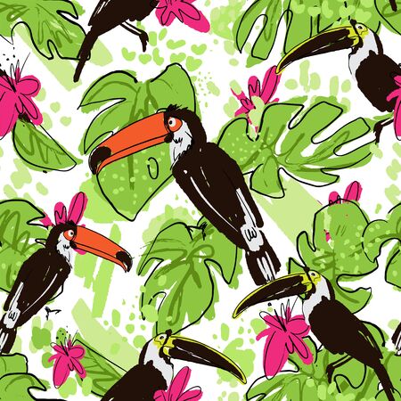 Tropical hand draw seamless pattern with monstera leaves, parrots - toucans, pink tropic flowers, mixed with paint drops and abstract elements on white background. Tropical hand draw seamless patternのイラスト素材