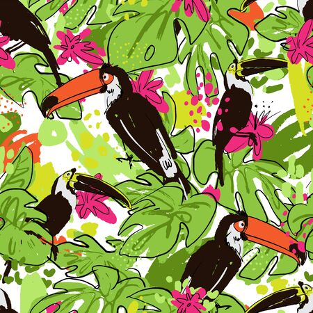 Tropical hand draw seamless pattern with monstera leaves, parrots - toucans, pink tropic flowers, mixed with paint drops and abstract elements on white background. Tropical hand draw seamless patternのイラスト素材
