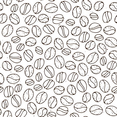Vector hand drawn pattern of coffee seeds. Coffee beans seamless pattern on white background. Seamless coffe background with bean and seed of cafe. Simple coffee pattern with light textureのイラスト素材