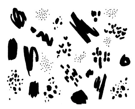 Vector abstract collection of hand drawn elements on white background. Abstract art shapes, created by dry ink brush. Artistic shape set. artistic creative universal drops, spots, smudge. Hand Drawn textures.のイラスト素材