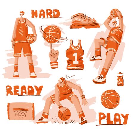 Vector sketch textured set of basketball - basketball players, basket, ball, sneakers. Vector sport collection in modern doodle, hand draw and line style with orange color. Active sport set of basketball playersのイラスト素材