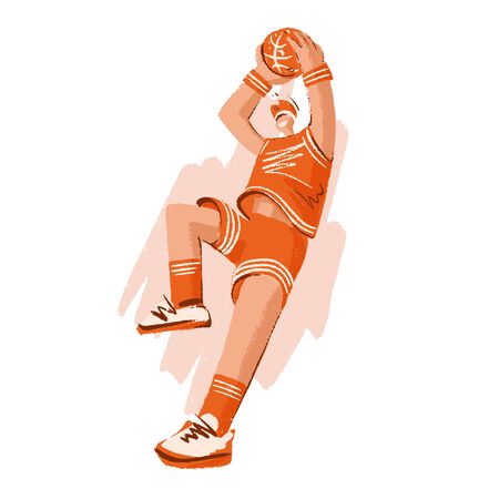 Vector hand drawn colored sketch illustration of professional basketball player, playing with basketball ball in dynamic pose, isolated on white. Hand draw vector illustration of professional basket ball playing, artworkのイラスト素材