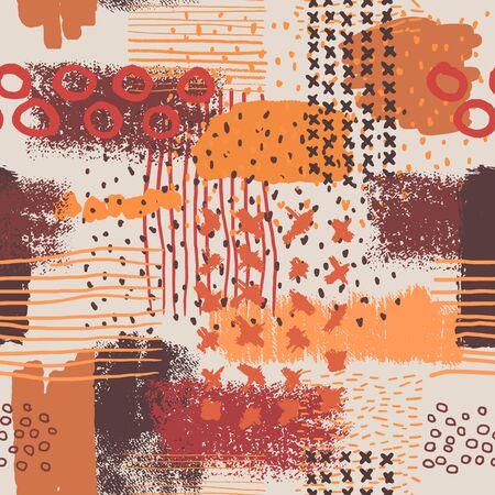 Vector abstract seamless pattern with hand drawn elements, art dots, spots, lines and scrawled lines in autumn colors, warm orange, brown, red pallette. Abstract art hand drawn elements on seamless patternのイラスト素材