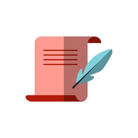 Vector flat icon of medieval letter for Diploma with a goose feather nearby for sign and write. Paper diploma, sheet and ink feather pen, vector flat illustration, confidential documents icon. scroll and feather writing symbolのイラスト素材