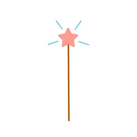 Simple vector icon of magic wand with star on its tip and shiny lines around. Flat magic wand illustration, isolated on white background. Magician equipment from fairy tails, illustration of wand for kids partyのイラスト素材