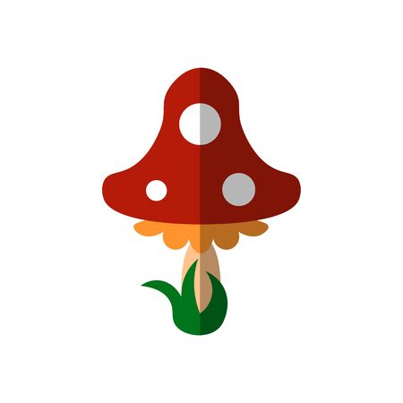 Vector flat illustration of fly agaric drawn in cartoon style for childrens books and parties. Mushroom with red hat and white dots, fly agaric or amanita growing on the grass. poisonous mushroomのイラスト素材