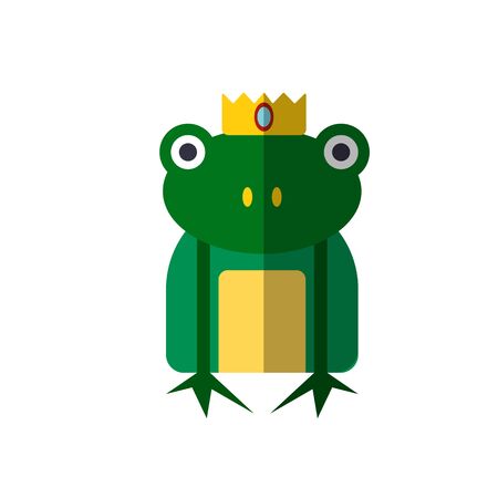 Vector illustration of magic frog from Princess fairy tails. Fairytale frog with a crown on head, vector flat icon. Anuran icon isolated on white background, vector illustration. Enchanted Frog Princeのイラスト素材