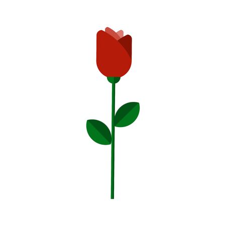 Vector flat flower icon. Vector rose illustration, flat style. Red rose with green leaves isolated on white background. Flat rose icon, vector flower illustration, minimalistic rose colored iconのイラスト素材