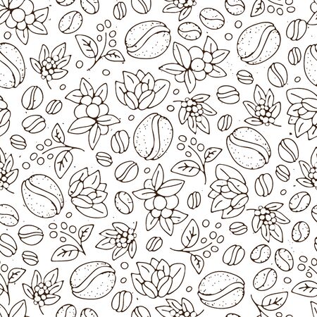 Seamless coffee background with branch of coffee and coffee beans. Hand drawn illustration in sketch style. Coffee seed, bean, composition of beans and coffee leaves, seeds on a branch in pattern with light texture on white background. Twigs of coffeeのイラスト素材