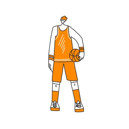 Vector lined illustration of sportsman in sport orange uniform, standing with basketball ball, isolated on white background. Professional basketball player illustration, hand drawn style.のイラスト素材