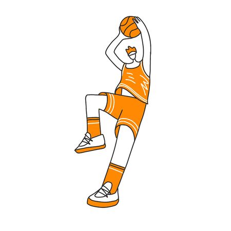 Vector hand drawn colored sketch illustration of professional basketball player, playing with basketball ball in dynamic pose, throwing basketball ball in a rim. Professional basketball playerのイラスト素材