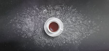 Coffee chalk illustrated concept on black board background - white coffee cup, top view with chalk doodle illustration about coffee, beans, morning, espresso in cafe, breakfast. Morning coffee illustration. Hand draw chalk concept, coffee themeの写真素材
