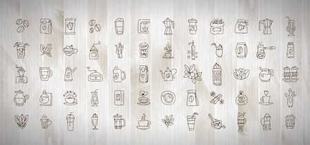 Vector set of coffee icons on white wooden background. Hand drawn coffee icon, vector doodle collection. Morning coffee, logo with cafe, beans, leaves, coffee pots, cups and other accessoriesの写真素材