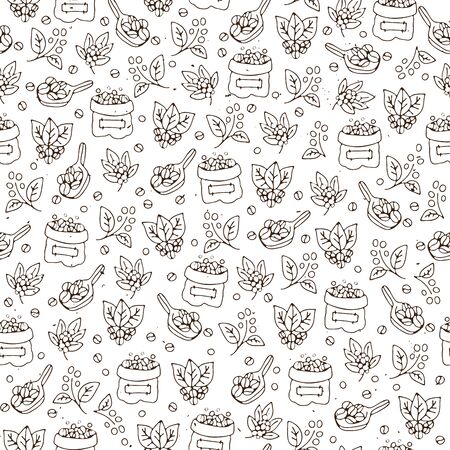 Vector seamless coffee pattern with coffee beans and leaves, sack of coffee seeds, cofe equipment. Hand draw cafe seamless pattern with light texture on white background. Brown bean, leaf, bagのイラスト素材
