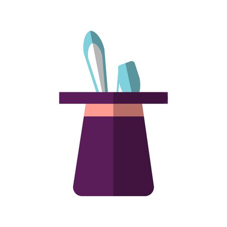 Vector flat design, illustration of magic black hat rabbit inside and sticking bunny years. Flat icon isolated on white background. Abracadabra concept, magician perfomance.のイラスト素材