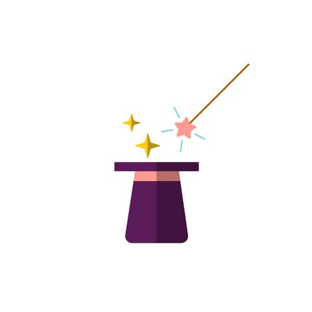 Vector flat design, illustration of magic black hat with magic wand and magical glow light stars sparkles isolated on white. Abracadabra concept, magician perfomance for kids, halloween party, circusのイラスト素材