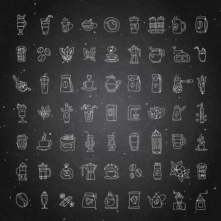Vector set of coffee icons on black chalk background. Hand drawn coffee icon, vector doodle collection. Morning coffee, logo with cafe, beans, leaves, coffee pots, cups and other accessoriesのイラスト素材