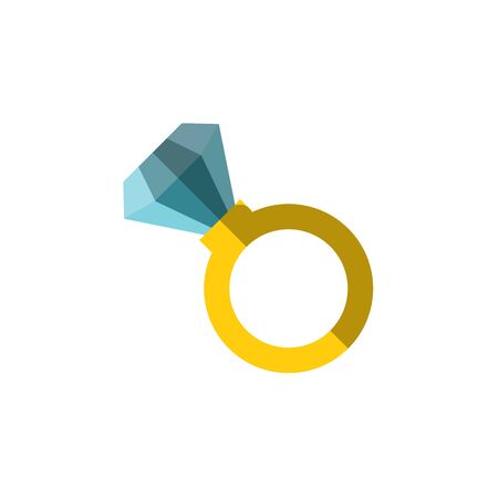 Vector flat icon of a ring with huge diamond on it. Simple ring illustration with incrustrated expencive luxury gemstone. Diamond in a ring, vector flat illustration isolated on whiteのイラスト素材