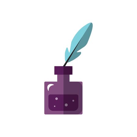 Vector flat ilustration of ink jar with goose feather for writing. Ancient ink feather pen, ink bottle, jar icon. Calligraphy lettering pen inside inky magenta bottle, cartoon icon.のイラスト素材