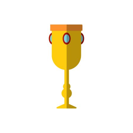 Vector illustration of chalice with gemstones. Flat icon of cup, goblet isolated on white background. Winner price, golden flat goblet. Golden trophy cup with blank golden plate. Winners trophy icon.のイラスト素材