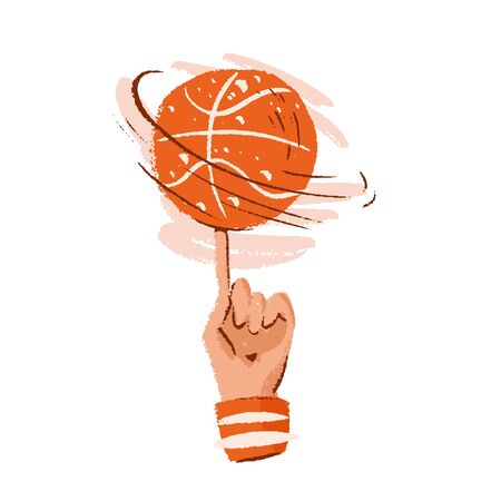 Vector hand draw illustration of basketball ball on a finger. Professional basketball game trick. Rotating basketball on a finger, vector sketch textured icon isolated on white backgroundのイラスト素材