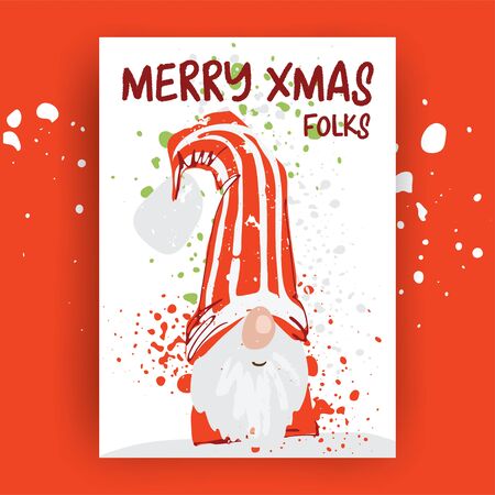 Hand drawn christmas gift and invitation card with christmas character - gnome in red hat, hand written lettering and artistic splashes. Funny winter holiday happy new year card. Merry christmas cardのイラスト素材