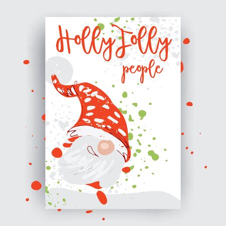 Hand drawn christmas gift and invitation card with christmas character - gnome in red hat, hand written lettering and artistic splashes. Funny winter holiday happy new year card. Merry christmas cardのイラスト素材