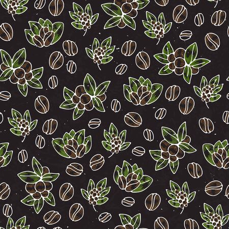 Seamless coffee background with branch of coffee and coffee beans. Hand drawn illustration in sketch style. Coffee seed, bean, composition of beans and coffee leaves, seeds on a branch in pattern with light texture on black chalkboard background. Twigs of coffeeのイラスト素材