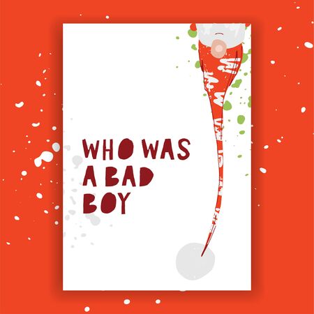 Hand drawn christmas gift and invitation card with christmas character - gnome in red hat, hand written lettering and artistic splashes. Funny winter holiday happy new year card. Merry christmas cardのイラスト素材