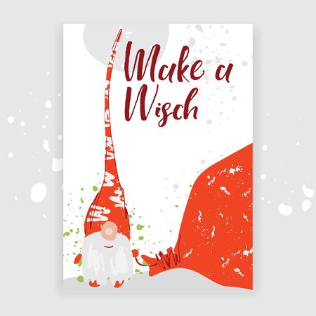 Hand drawn christmas gift and invitation card with christmas character - gnome in red hat, hand written lettering and artistic splashes. Funny winter holiday happy new year card. Merry christmas cardのイラスト素材
