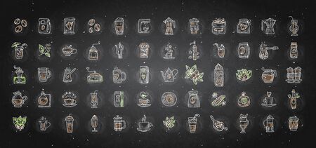 Vector set of coffee icons on black chalk background. Hand drawn coffee icon, vector doodle collection. Morning coffee, logo with cafe, beans, leaves, coffee pots, cups and other accessoriesのイラスト素材